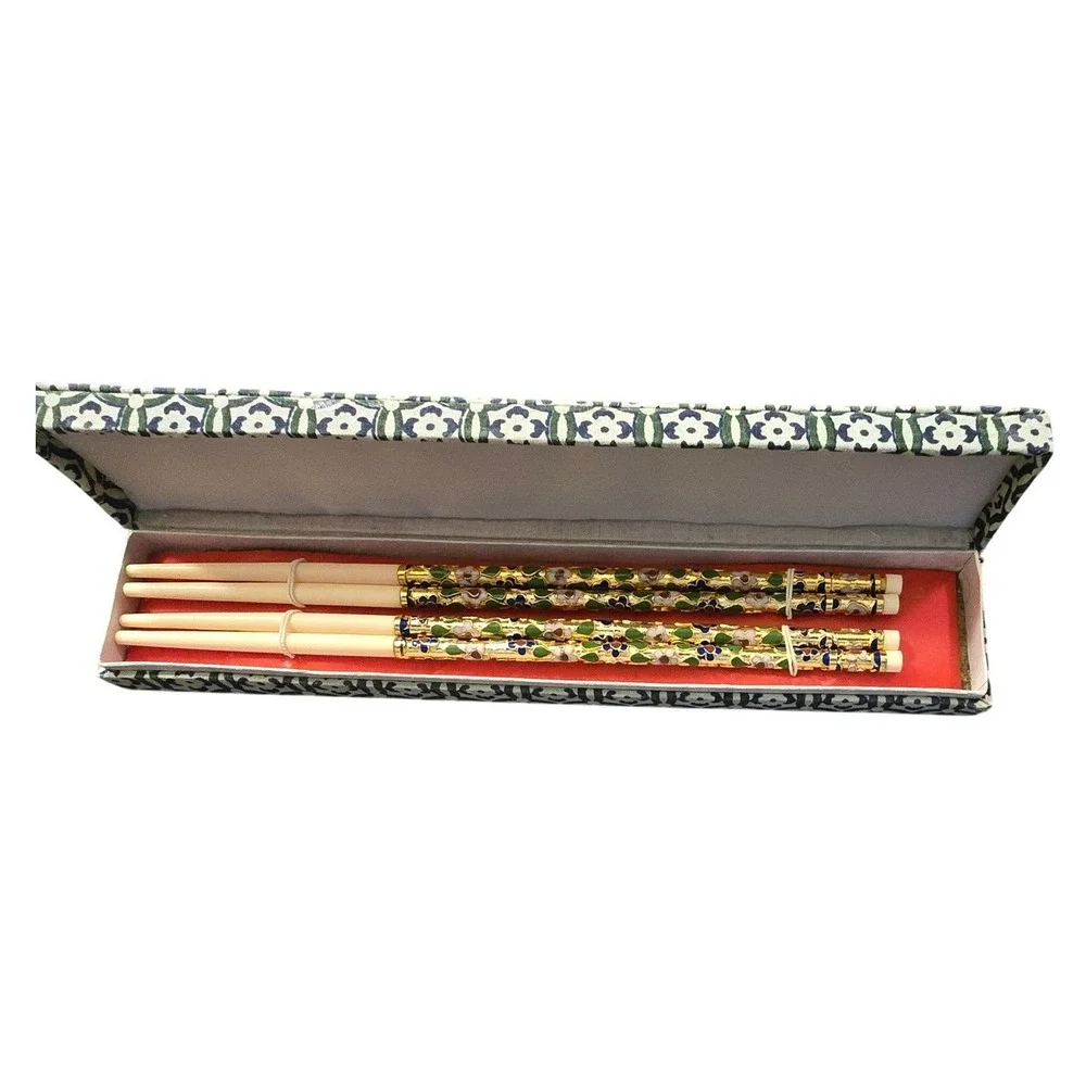 Vintage Cloisonne Enamel Floral Chopsticks Set‎ 2 Pairs with Gift Box Gold Blue